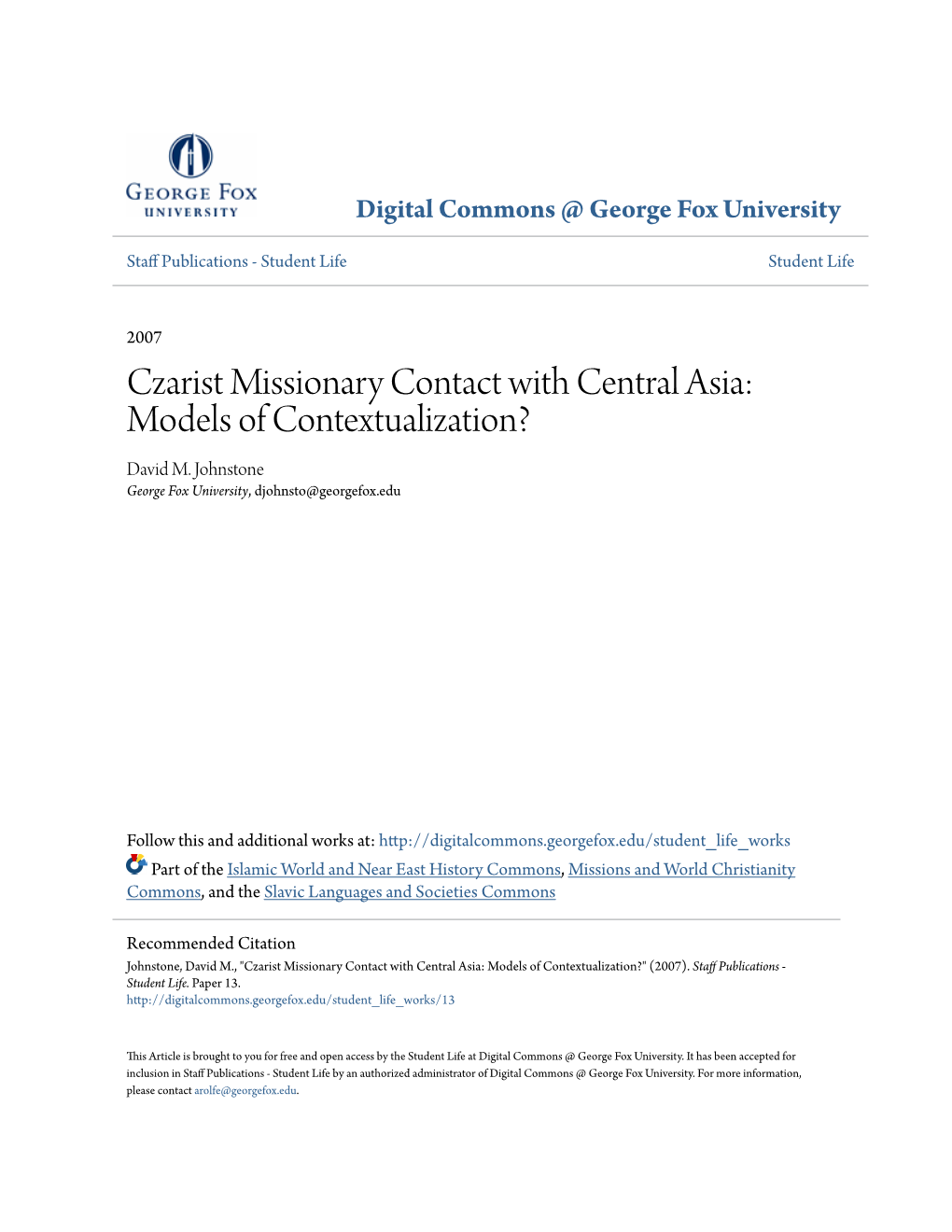 Czarist Missionary Contact with Central Asia: Models of Contextualization? David M