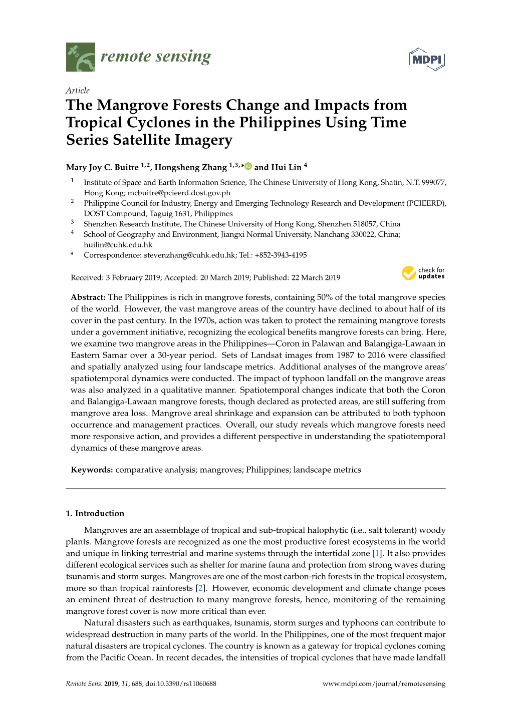 The Mangrove Forests Change and Impacts from Tropical Cyclones in the Philippines Using Time Series Satellite Imagery