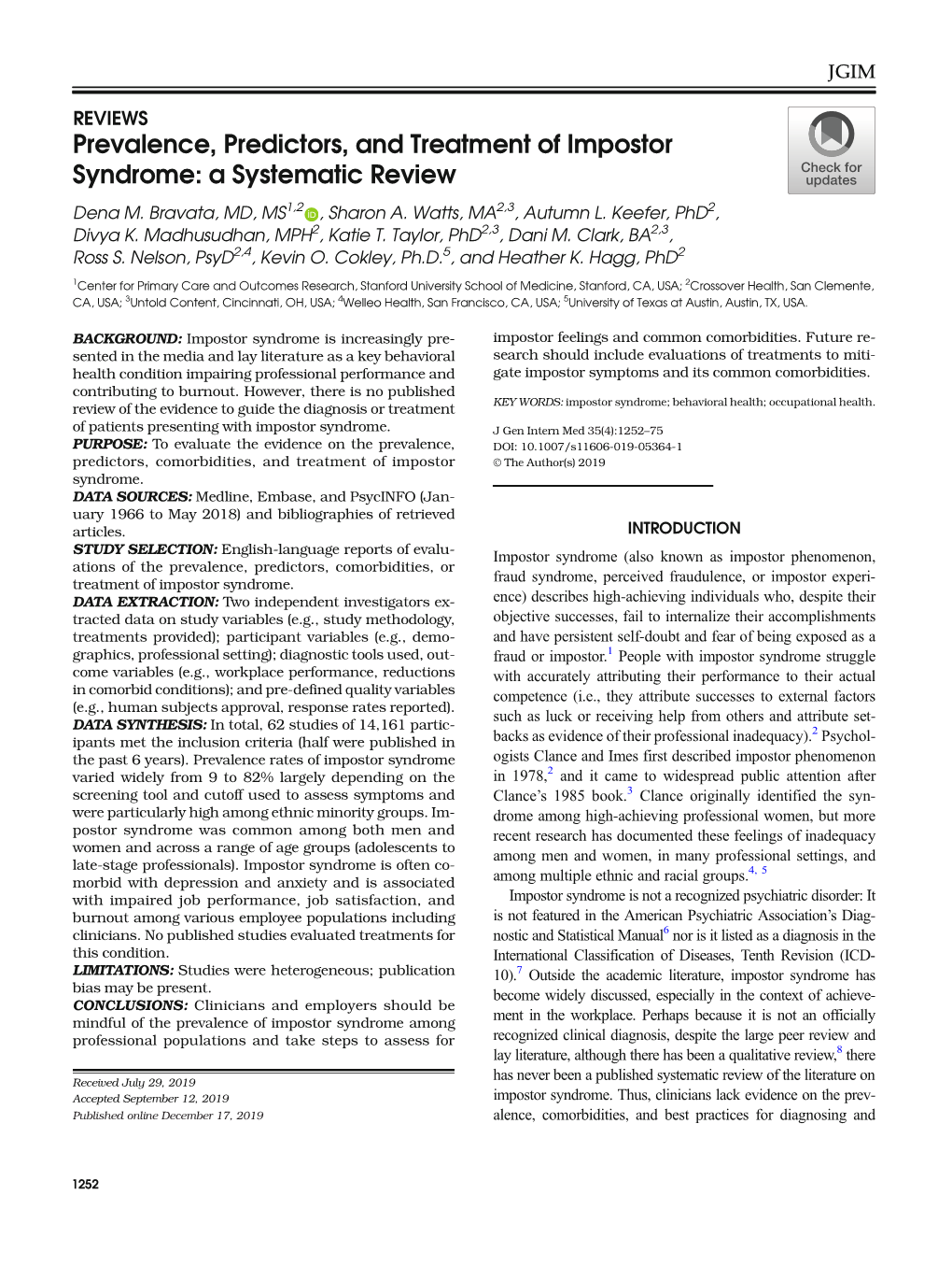 Prevalence, Predictors, and Treatment of Impostor Syndrome: a Systematic Review Dena M