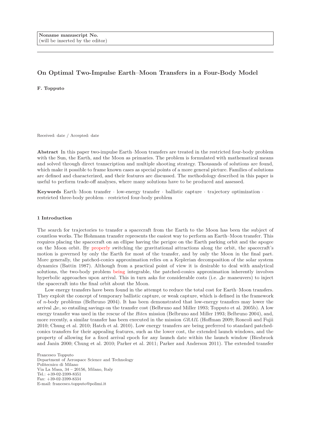 On Optimal Two-Impulse Earth–Moon Transfers in a Four-Body Model