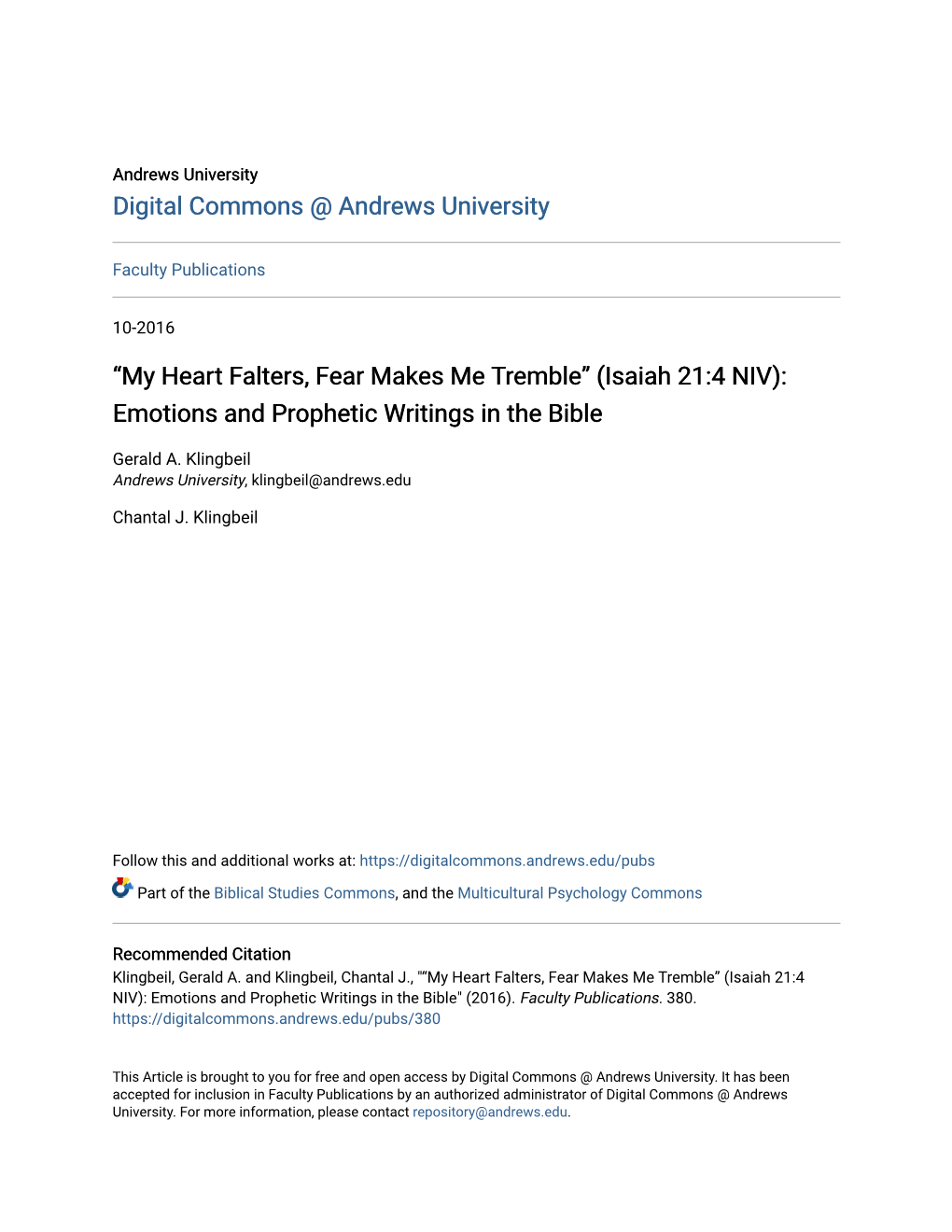 “My Heart Falters, Fear Makes Me Tremble” (Isaiah 21:4 NIV): Emotions and Prophetic Writings in the Bible