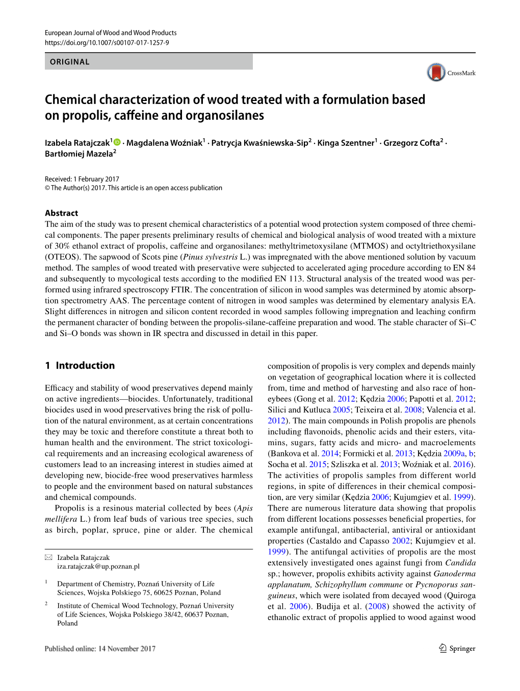 Chemical Characterization of Wood Treated with a Formulation Based on Propolis, Caffeine and Organosilanes