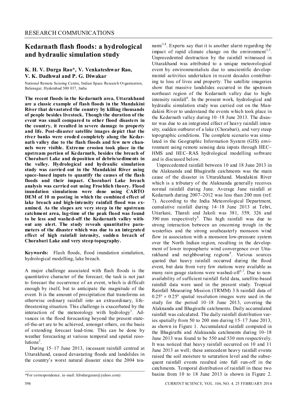 Kedarnath Flash Floods: a Hydrological and Hydraulic Simulation Study