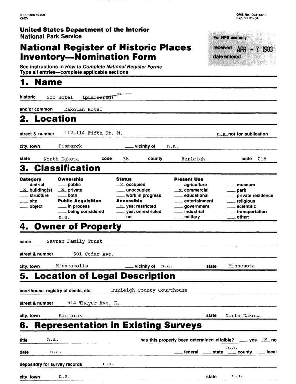 3. Classification 4. Owner of Property