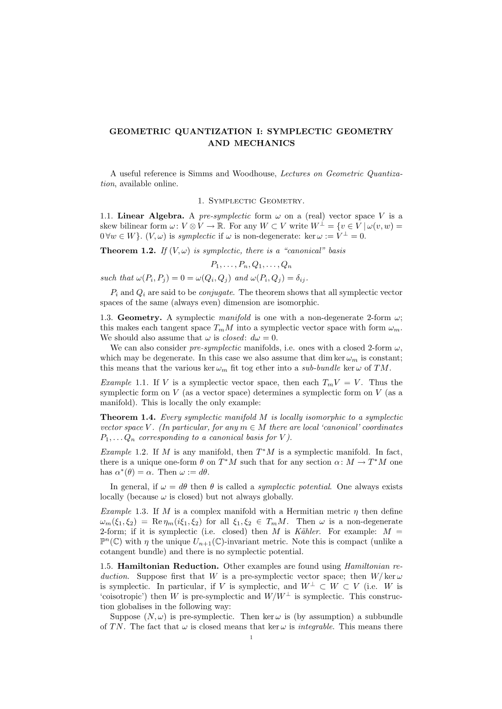 SYMPLECTIC GEOMETRY and MECHANICS a Useful Reference Is