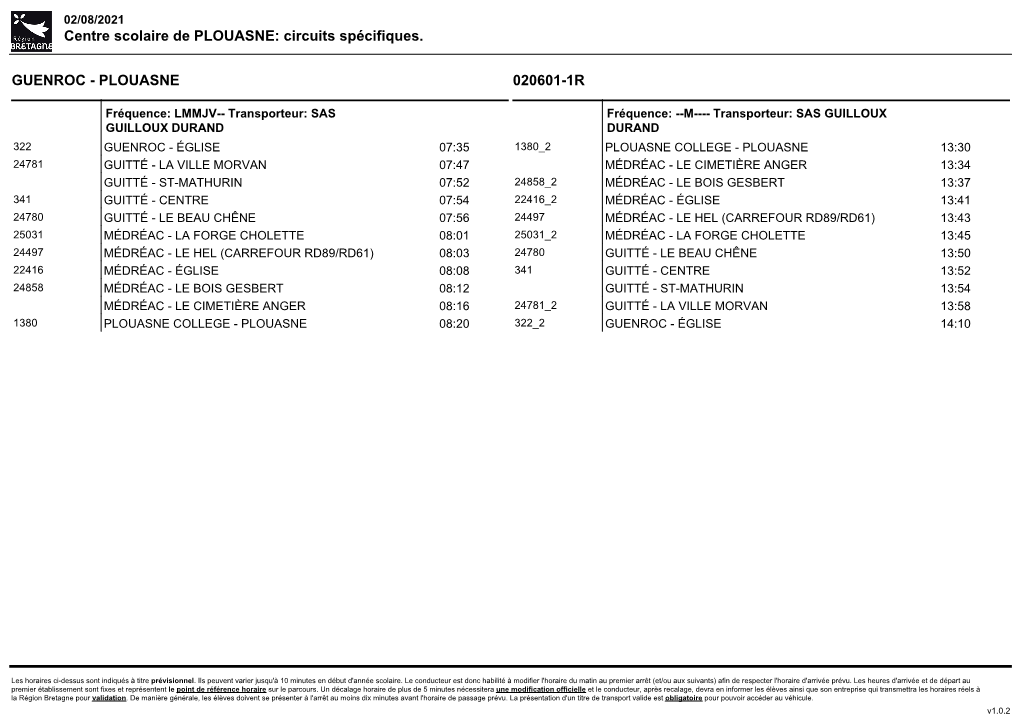 Centre Scolaire De PLOUASNE: Circuits Spécifiques. GUENROC