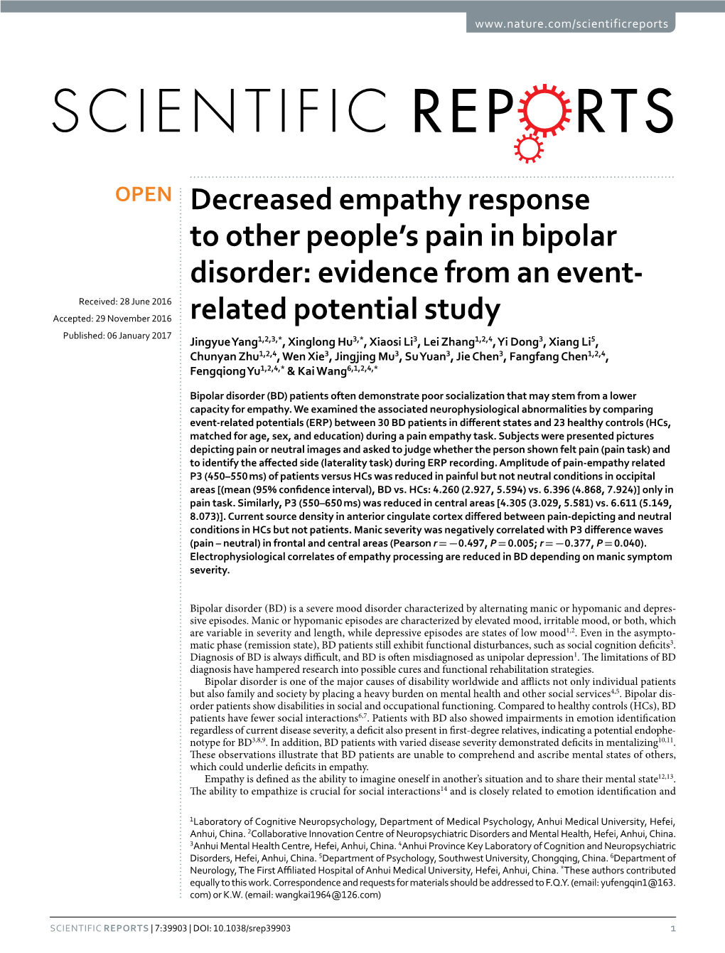 Decreased Empathy Response to Other People's Pain in Bipolar