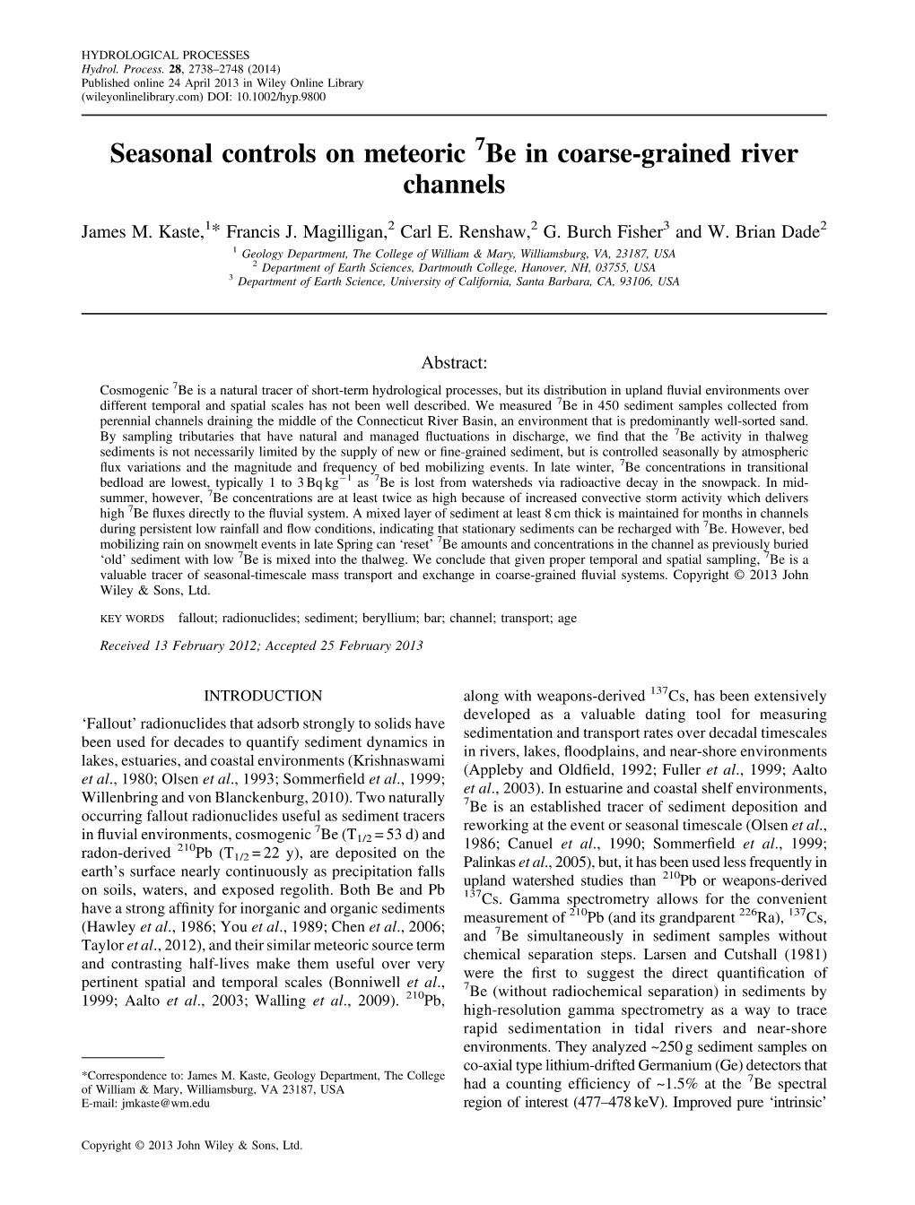 Seasonal Controls on Meteoric 7Be in Coarse‐Grained River Channels