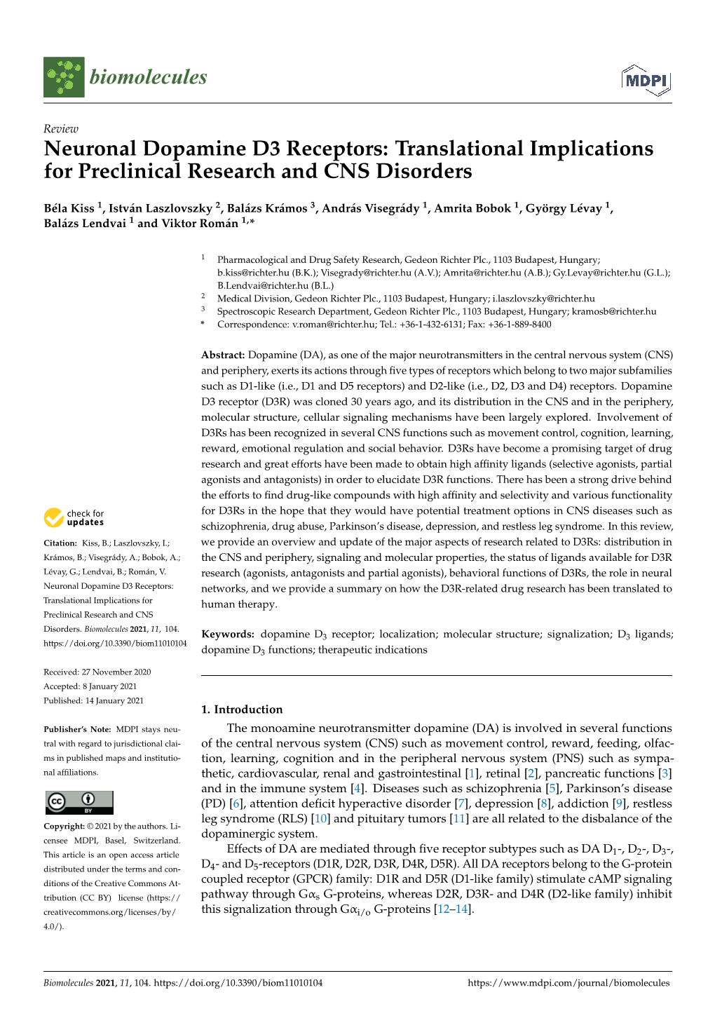 Neuronal Dopamine D3 Receptors: Translational Implications for Preclinical Research and CNS Disorders