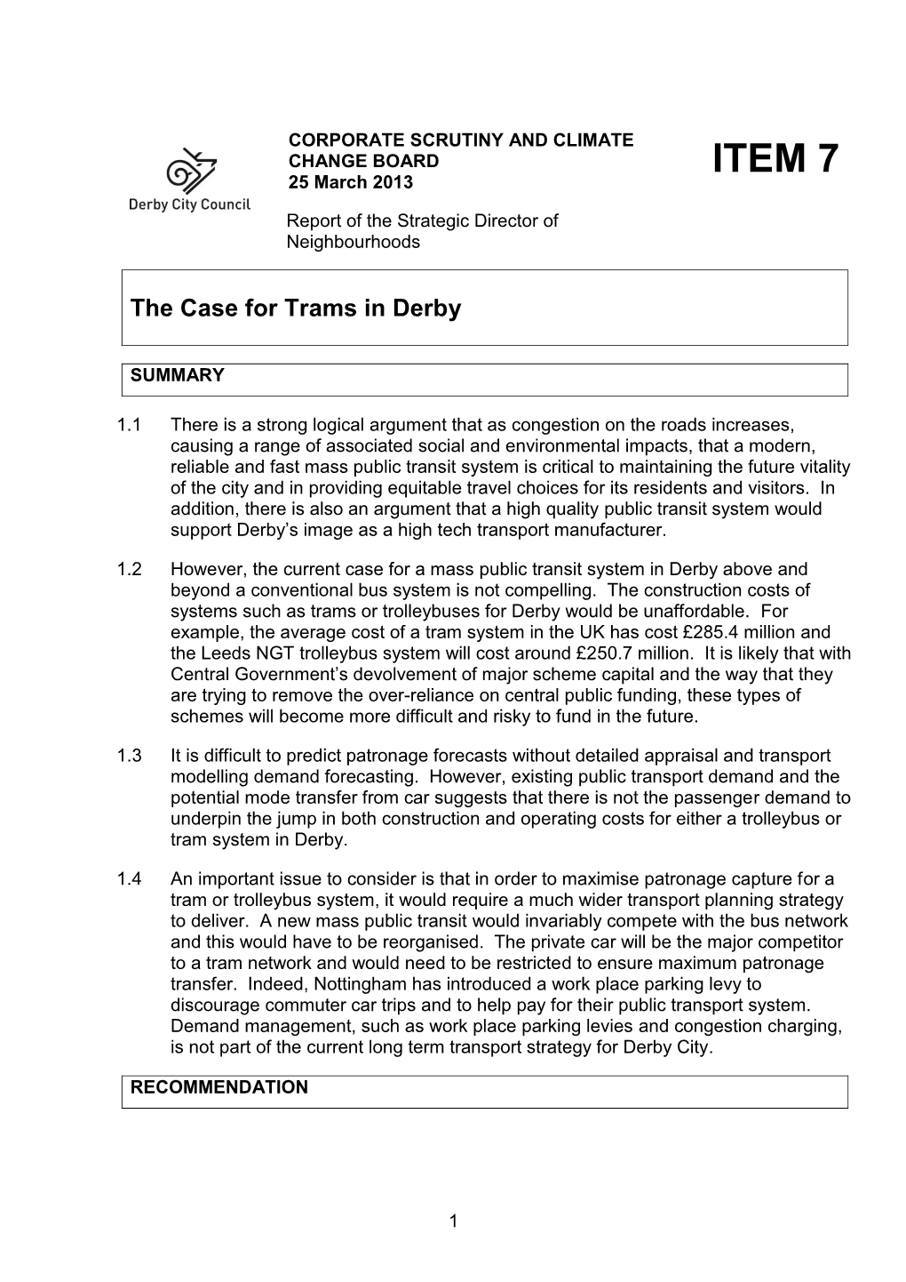 ITEM 7 the Case for Trams in Derby