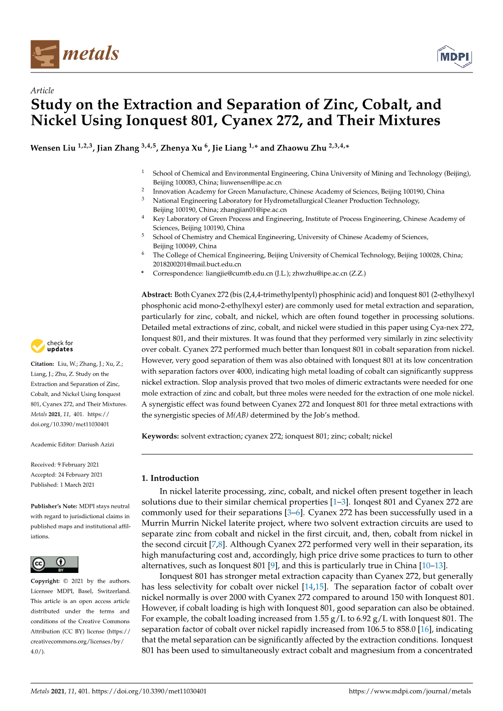 Study on the Extraction and Separation of Zinc, Cobalt, and Nickel Using Ionquest 801, Cyanex 272, and Their Mixtures