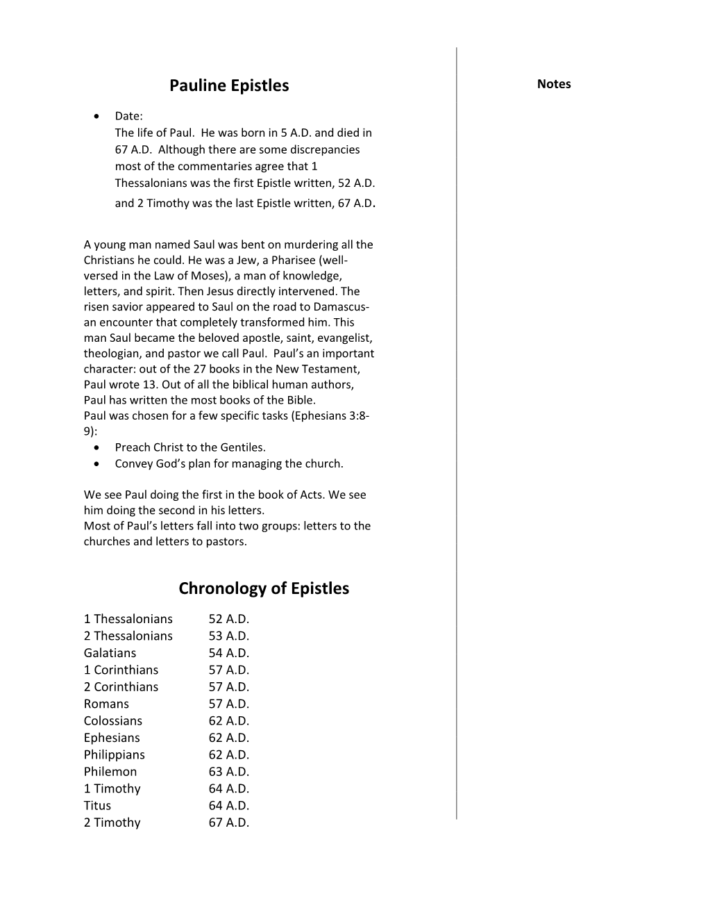 Pauline Epistles Notes