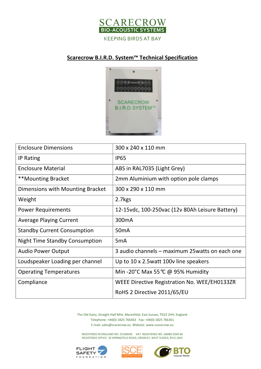 Scarecrow B.I.R.D. System™ Technical Specification Enclosure