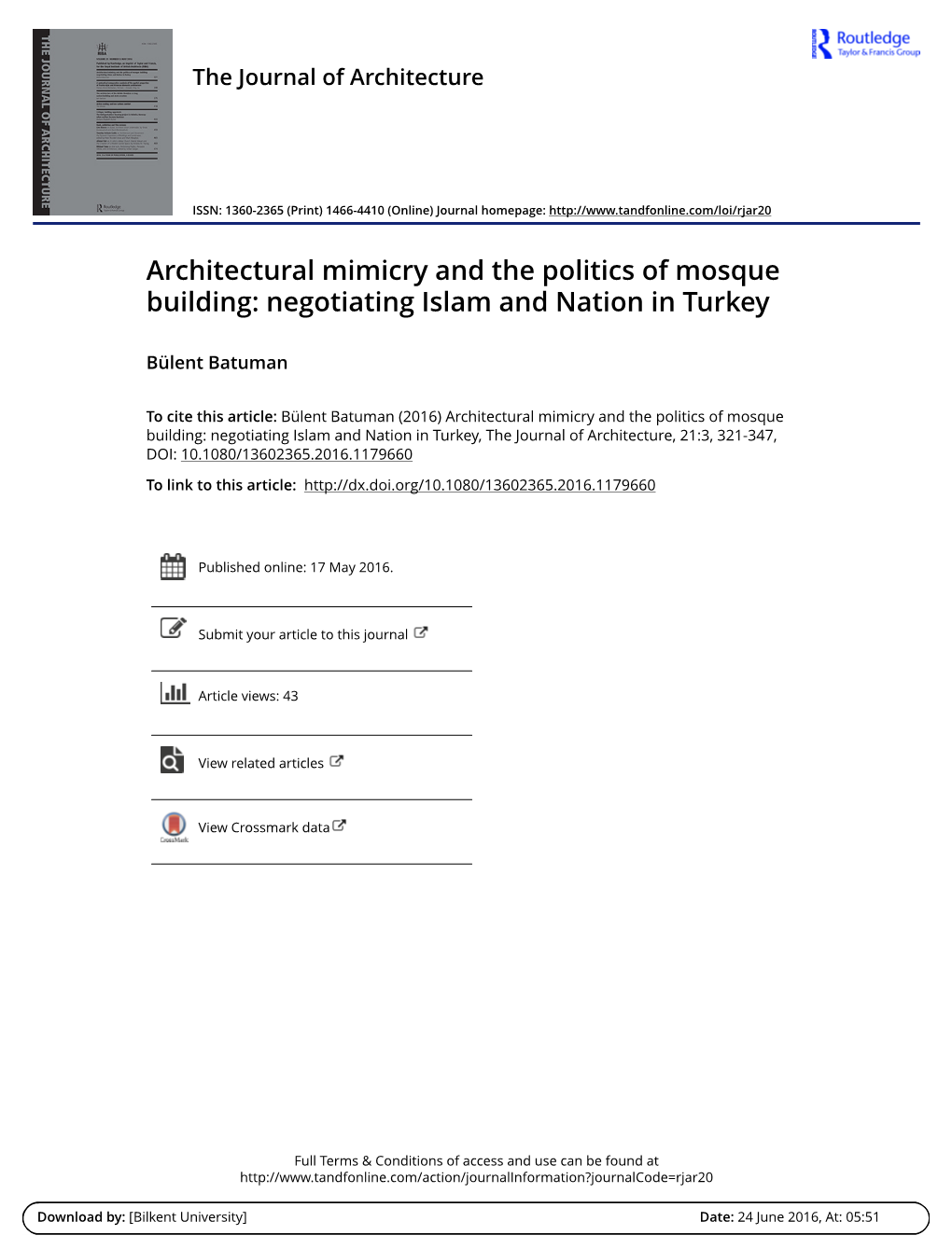 Architectural Mimicry and the Politics of Mosque Building: Negotiating Islam and Nation in Turkey