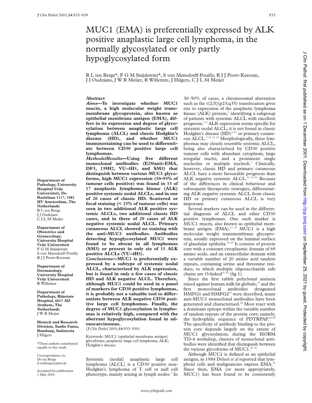 (EMA) Is Preferentially Expressed by ALK Positive Anaplastic Large Cell Lymphoma, in The