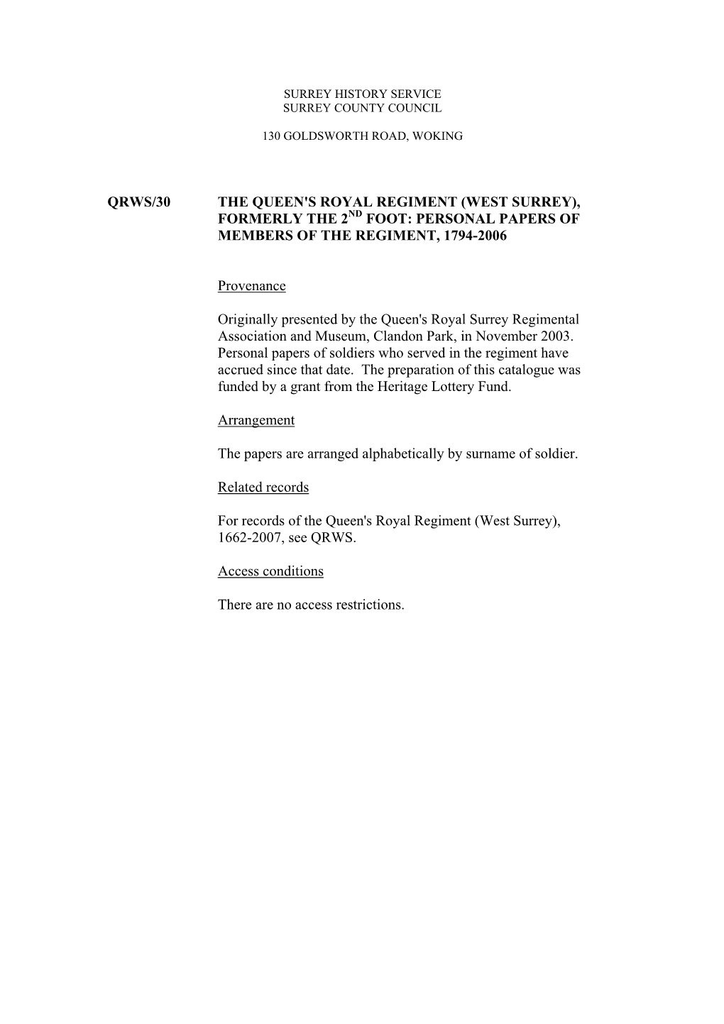 Qrws/30 the Queen's Royal Regiment (West Surrey), Formerly the 2Nd Foot: Personal Papers of Members of the Regiment, 1794-2006