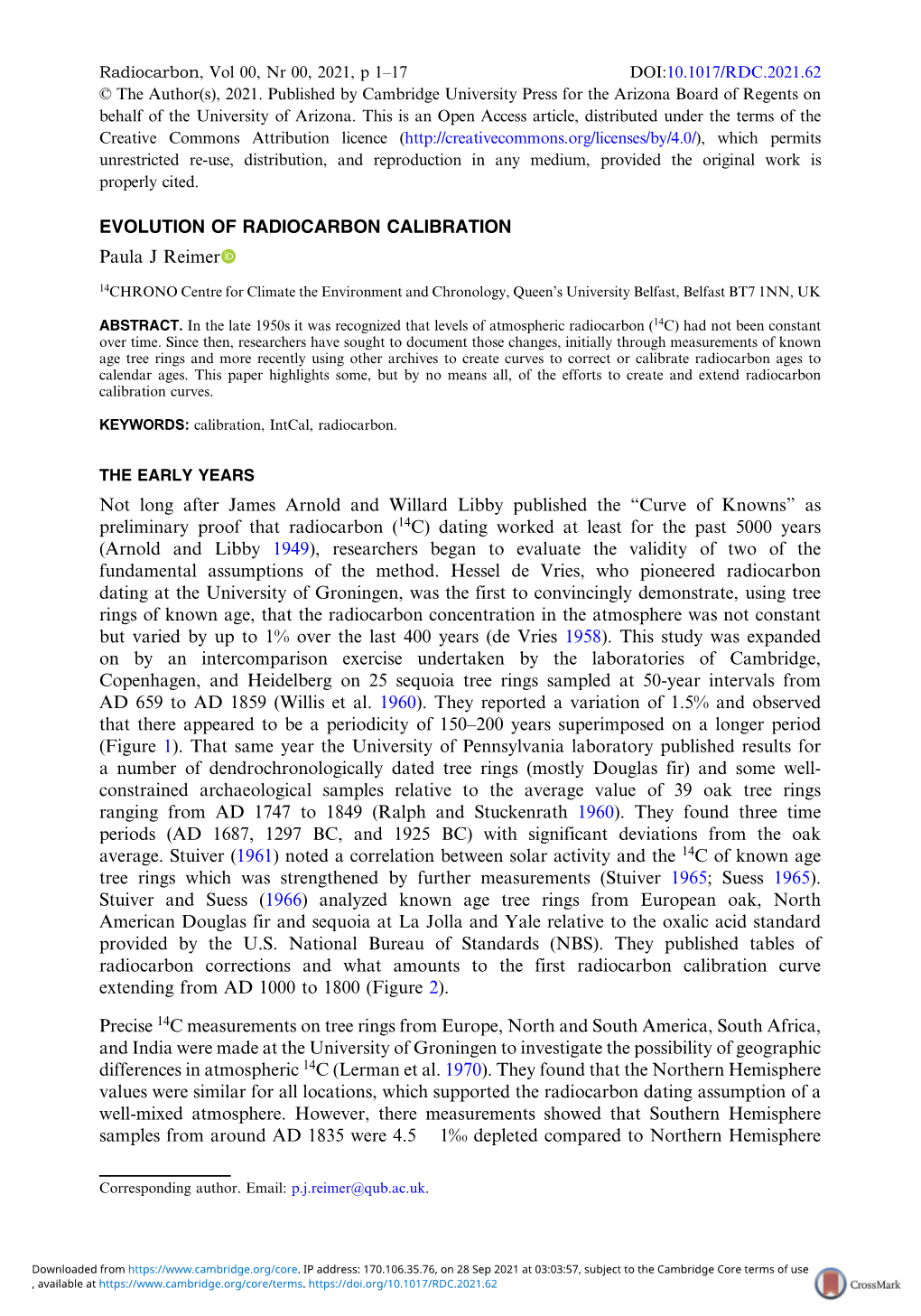 EVOLUTION of RADIOCARBON CALIBRATION Paula J Reimer