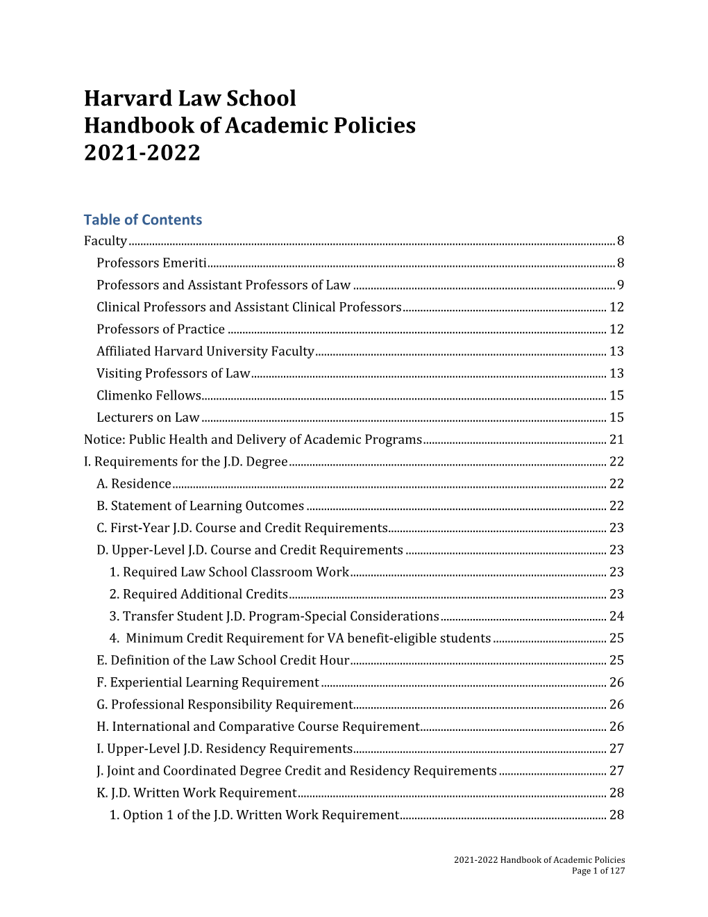 Harvard Law School Handbook of Academic Policies 2021-2022