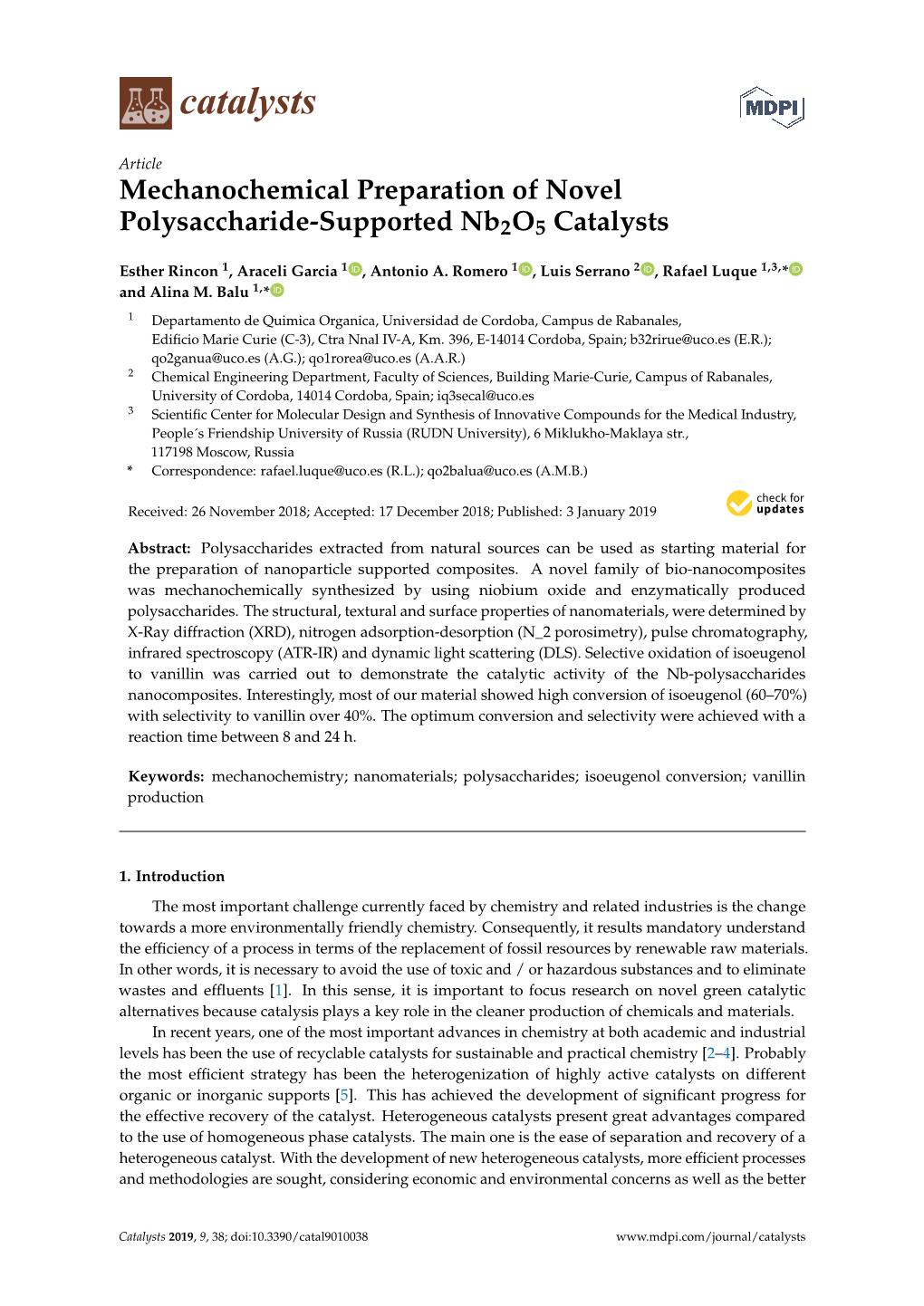 Mechanochemical Preparation of Novel Polysaccharide-Supported Nb2o5 Catalysts