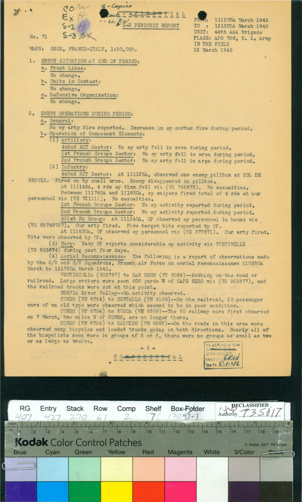 Odak Color Control Patches Cyan Green Yellow Red Magenta White 3/Color CONFIDENTIAL 44Th AAA Brigade ------S-2 Periodic #71~ 12 March 1945 (Cont'd)