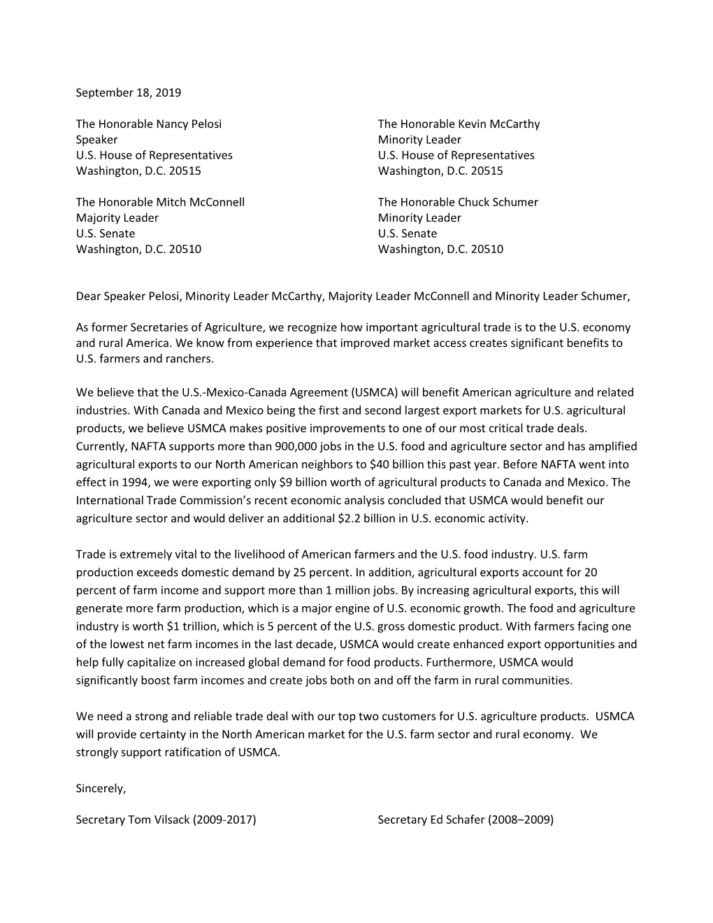 USDA Former Secretaries USMCA Letter