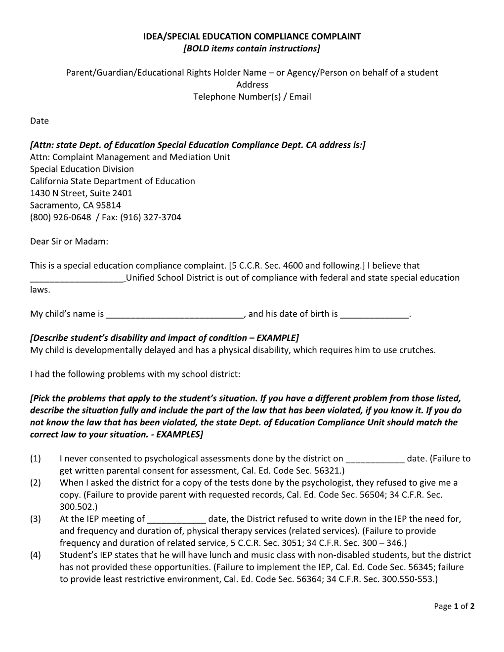 Idea/Special Education Compliance Complaint