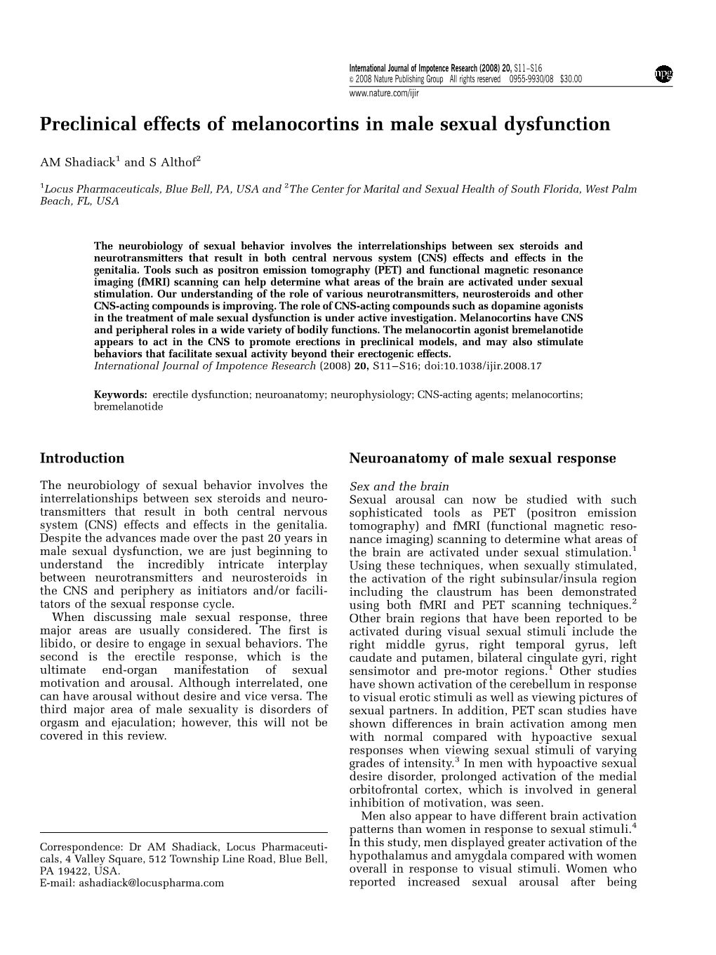 Preclinical Effects of Melanocortins in Male Sexual Dysfunction