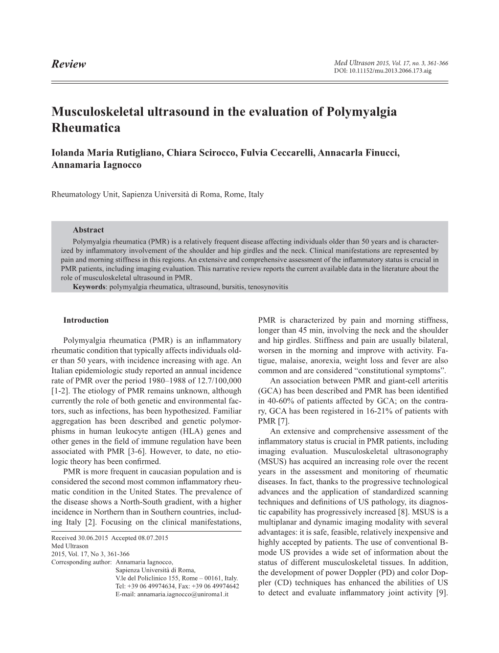 Musculoskeletal Ultrasound in the Evaluation of Polymyalgia Rheumatica