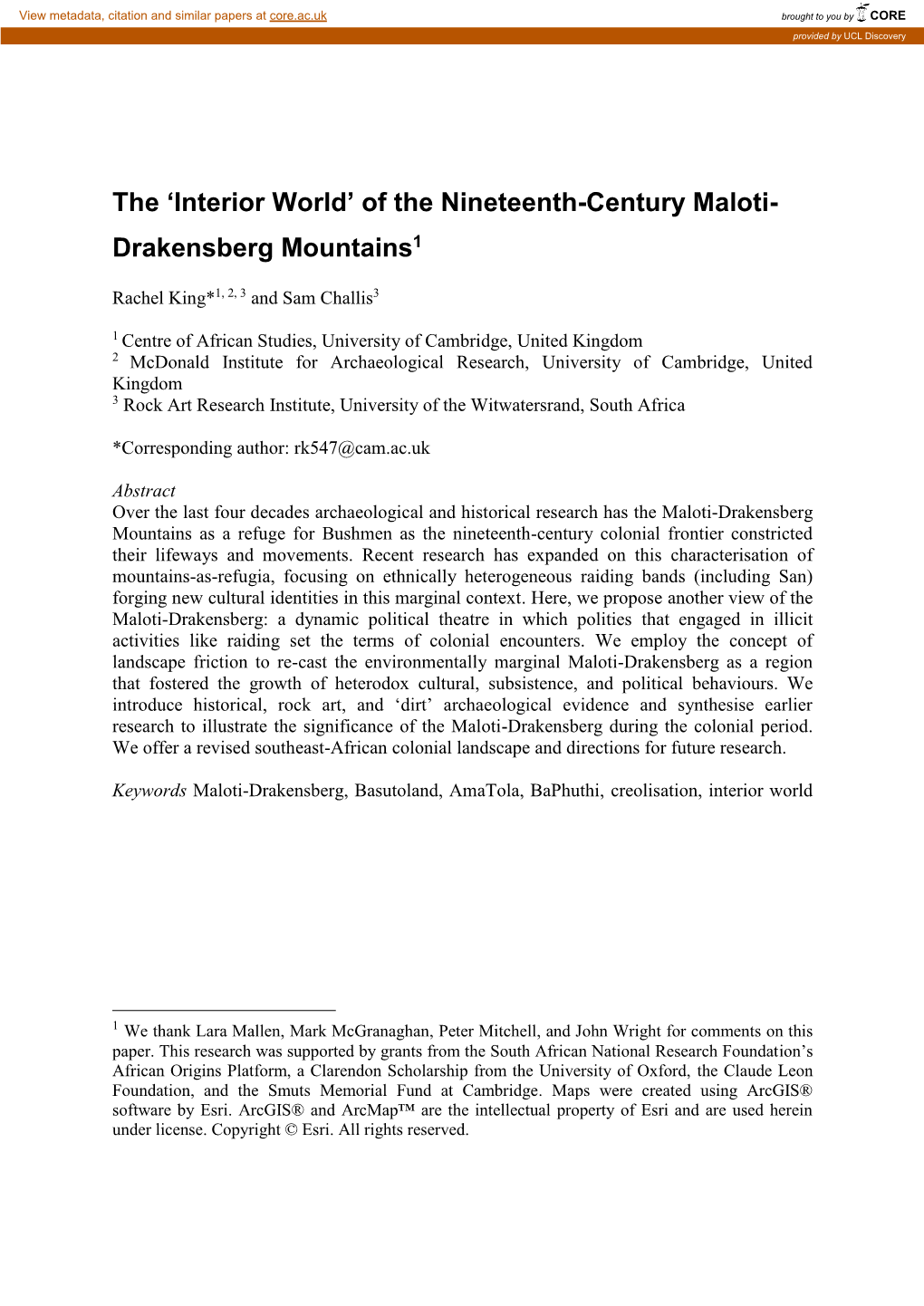 Of the Nineteenth-Century Maloti- Drakensberg Mountains1