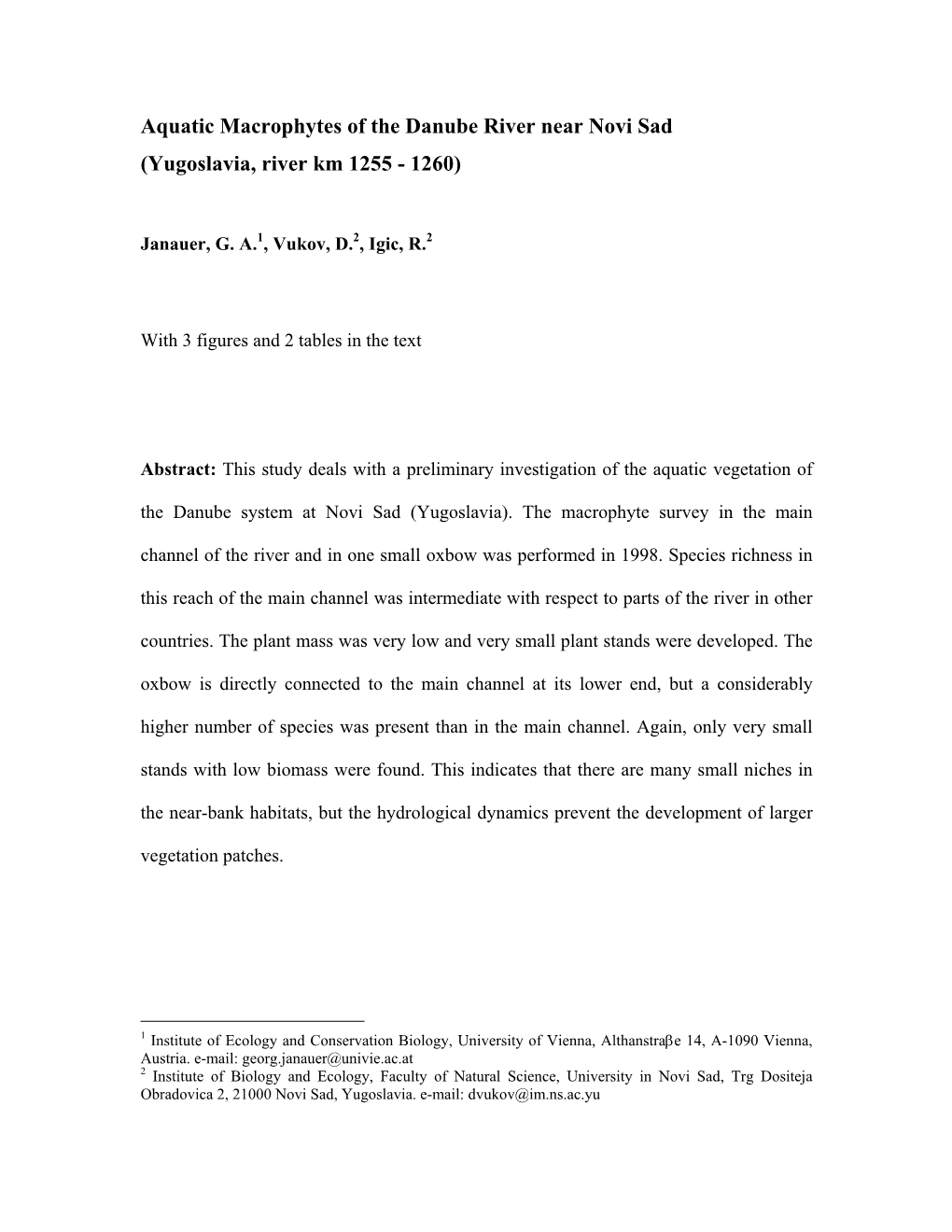 Aquatic Macrophytes of the Danube River Near Novi Sad (Yugoslavia, River Km 1255 - 1260)