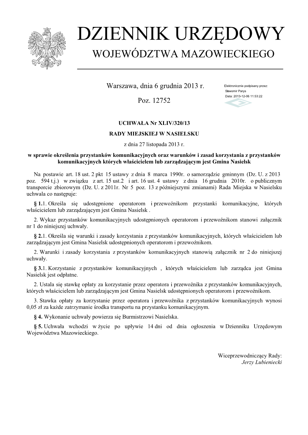 Uchwała Nr XLIV/320/13 Z Dnia 27 Listopada 2013 R