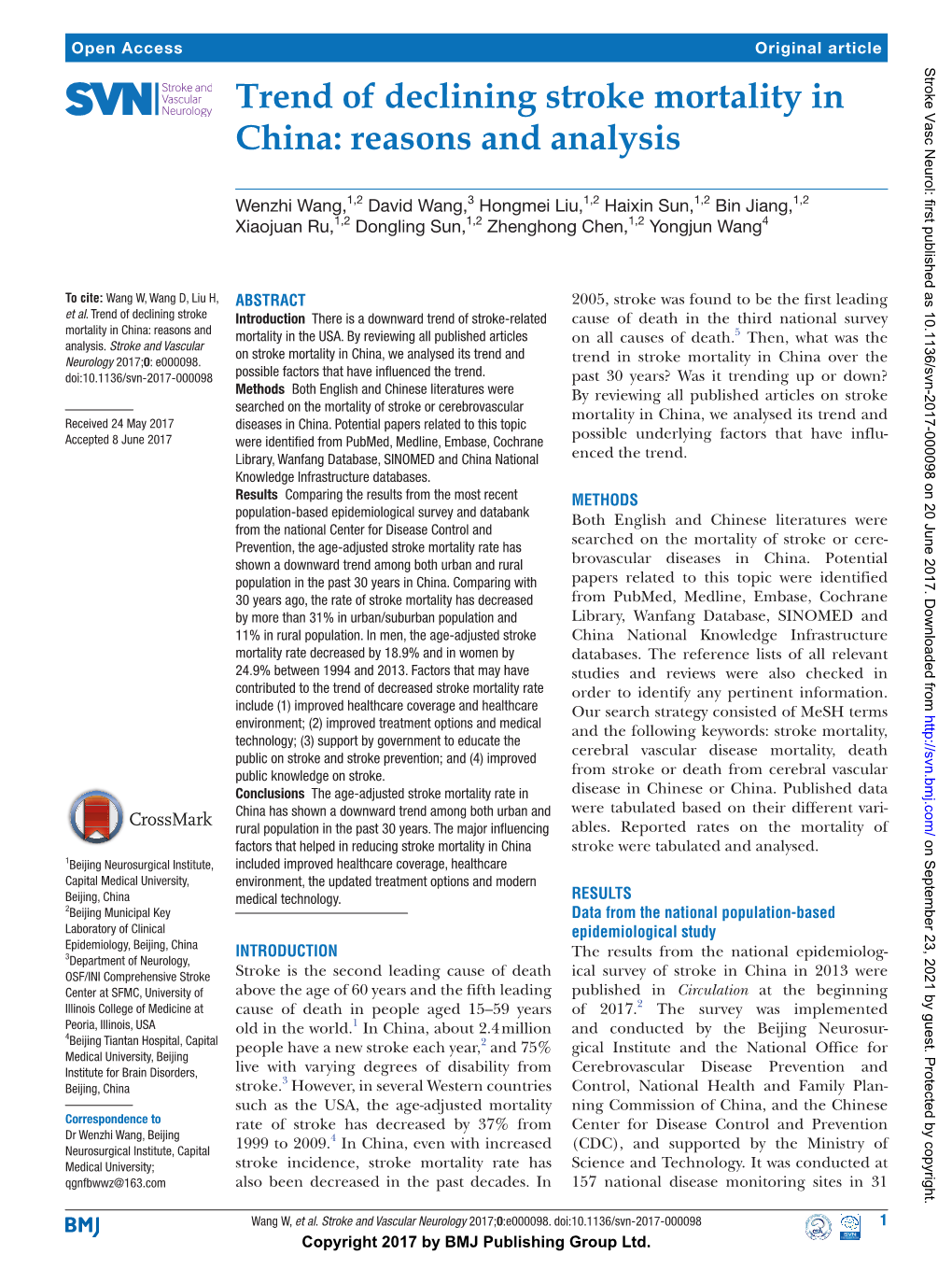 Trend of Declining Stroke Mortality in China: Reasons and Analysis