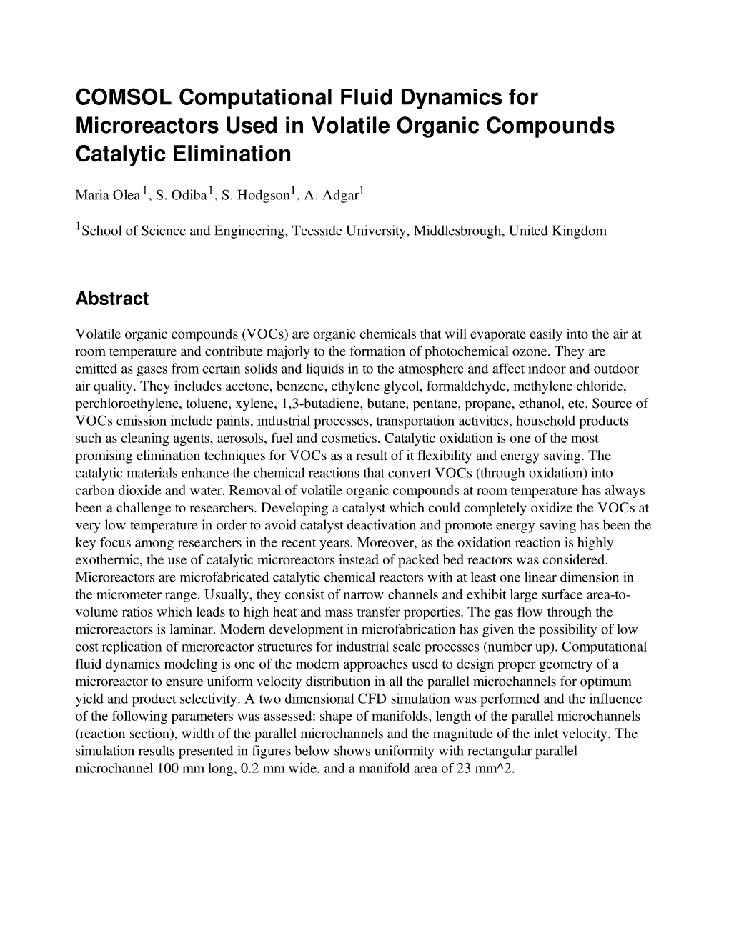 COMSOL Computational Fluid Dynamics for Microreactors Used in Volatile Organic Compounds Catalytic Elimination