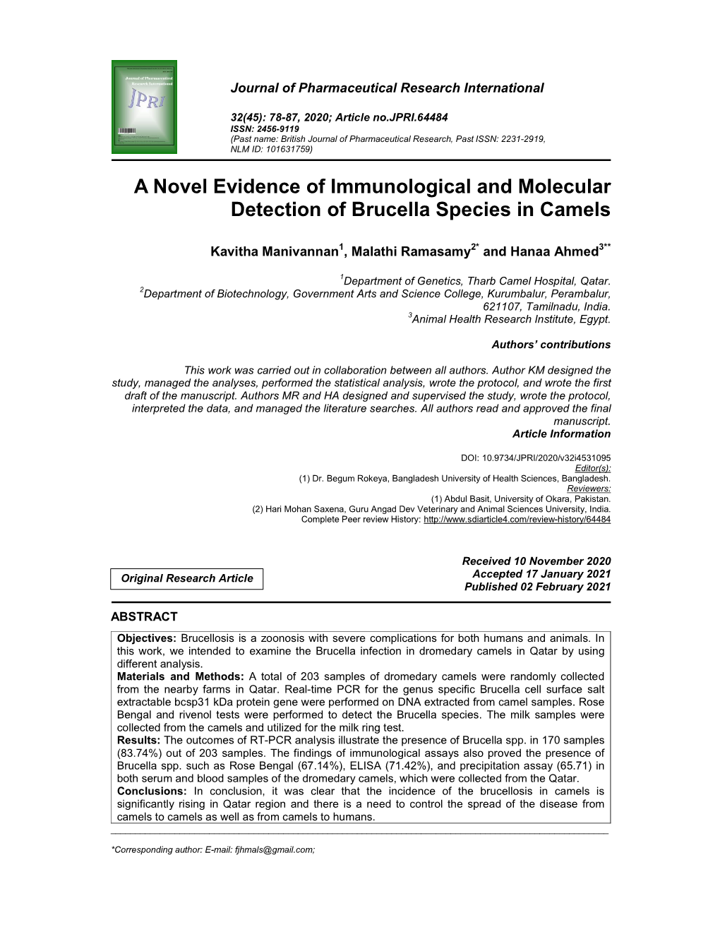 A Novel Evidence of Immunological and Molecular Detection of Brucella Species in Camels