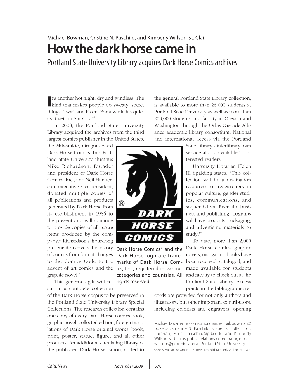 How the Dark Horse Came in Portland State University Library Acquires Dark Horse Comics Archives