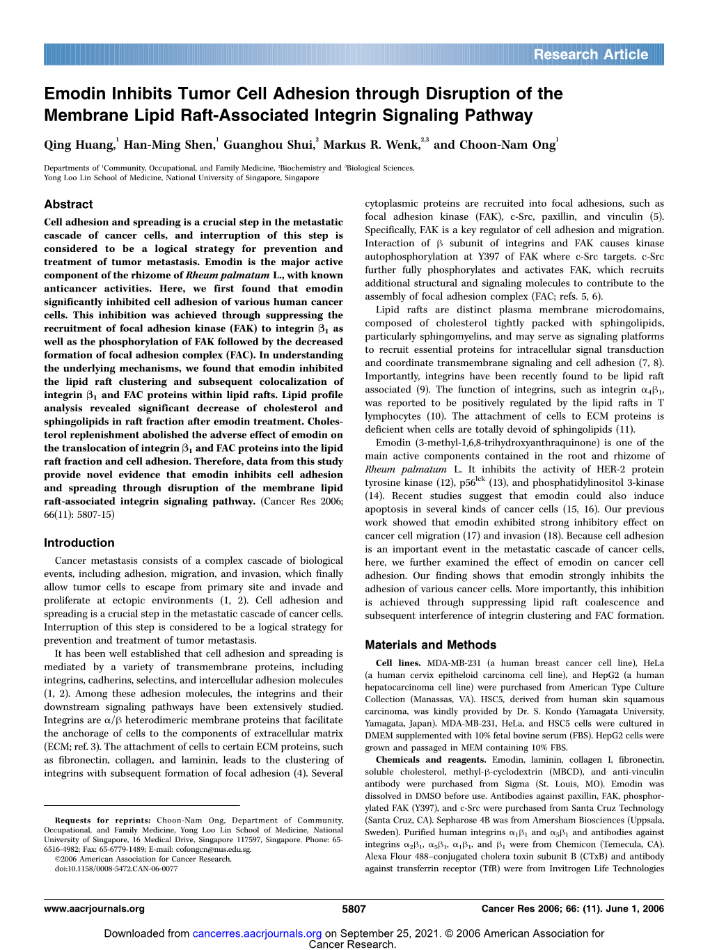 Emodin Inhibits Tumor Cell Adhesion Through Disruption of the Membrane Lipid Raft-Associated Integrin Signaling Pathway