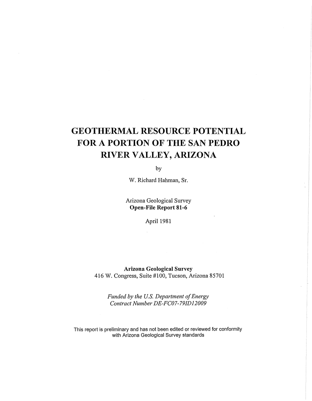 Geothermal Resource Potential for a Portion of the San Pedro River Valley, Arizona