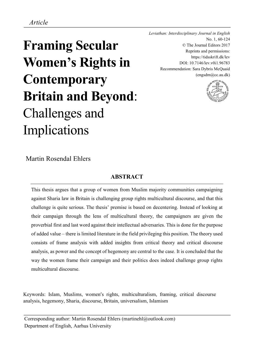 Framing Secular Women's Rights in Contemporary Britain