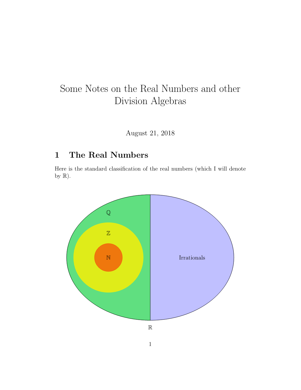 Some Notes on the Real Numbers and Other Division Algebras