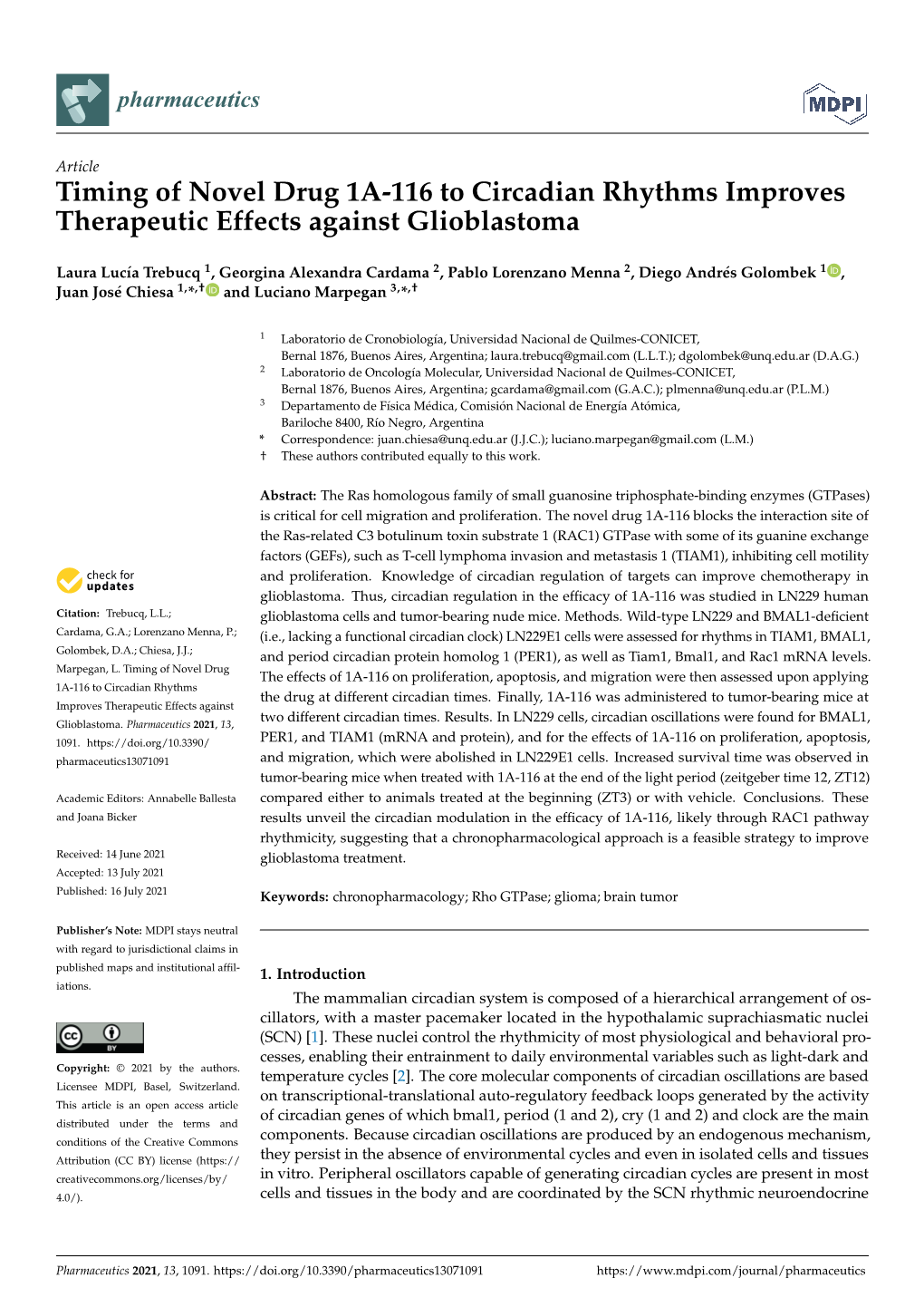 Timing of Novel Drug 1A-116 to Circadian Rhythms Improves Therapeutic Effects Against Glioblastoma