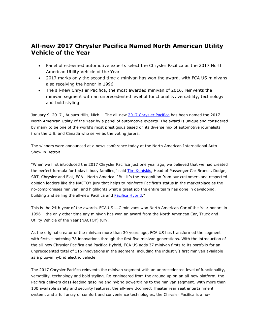 All-New 2017 Chrysler Pacifica Named North American Utility Vehicle of the Year