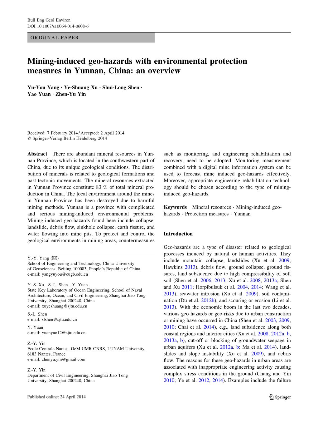 Mining-Induced Geo-Hazards with Environmental Protection Measures in Yunnan, China: an Overview