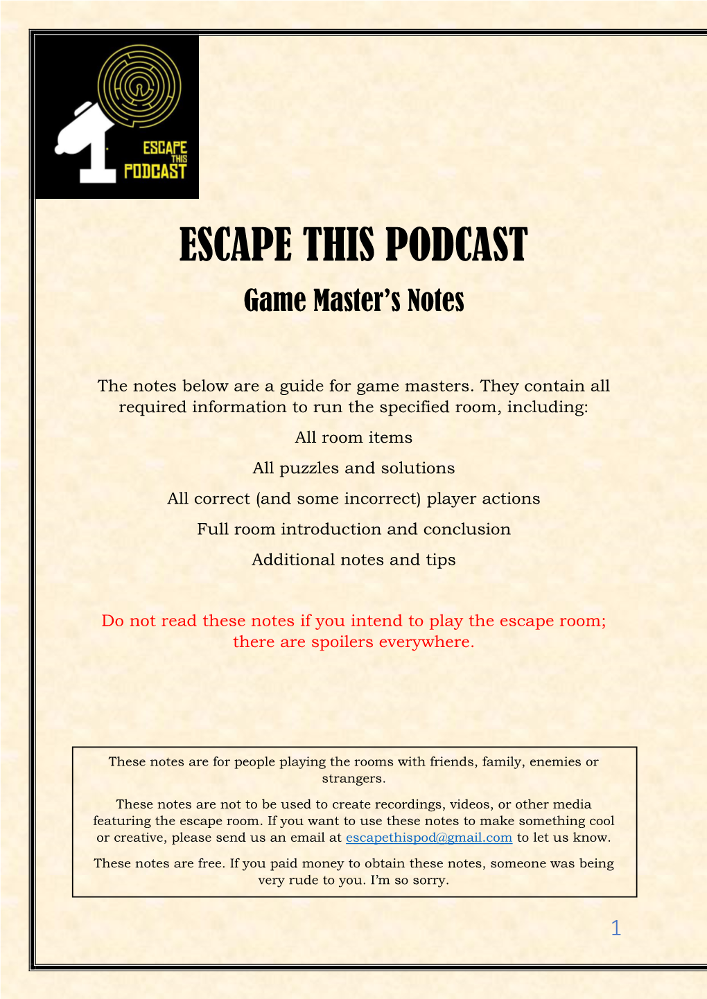 ESCAPE THIS PODCAST Game Master’S Notes