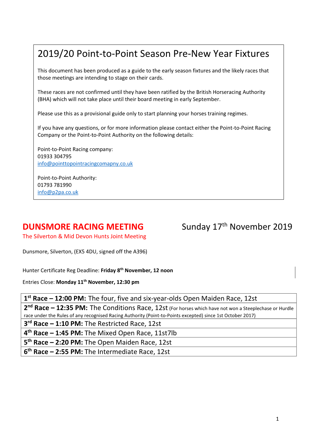 2019/20 Point-To-Point Season Pre-New Year Fixtures