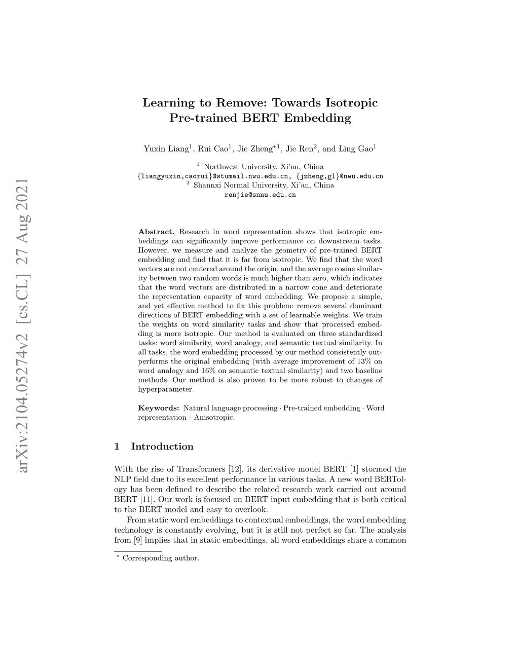 Arxiv:2104.05274V2 [Cs.CL] 27 Aug 2021 NLP ﬁeld Due to Its Excellent Performance in Various Tasks