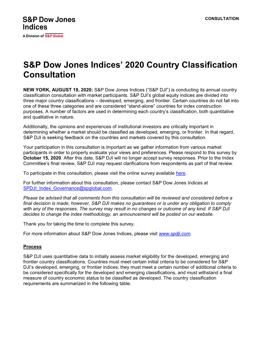 S&P Dow Jones Indices' 2020 Country Classification Consultation