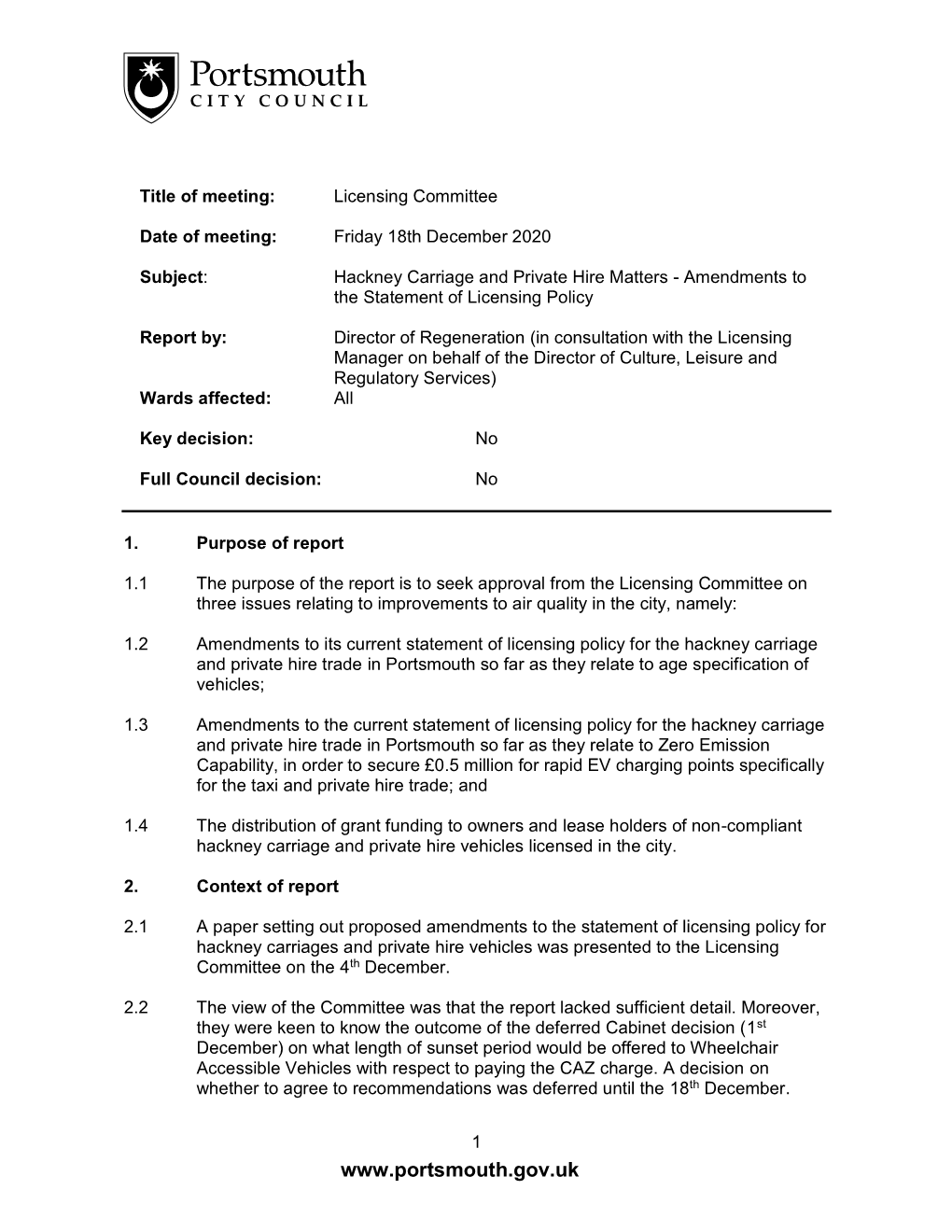 Hackney Carriage and Private Hire Matters - Amendments to the Statement of Licensing Policy