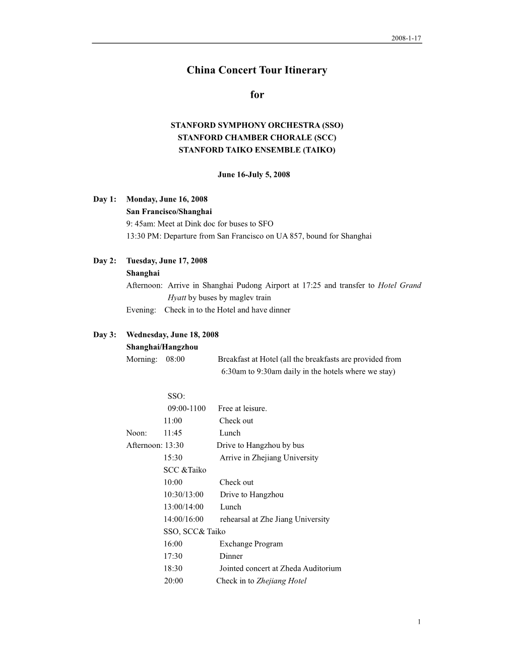 Printable Itinerary for SSO, Taiko, Chamber Chorale