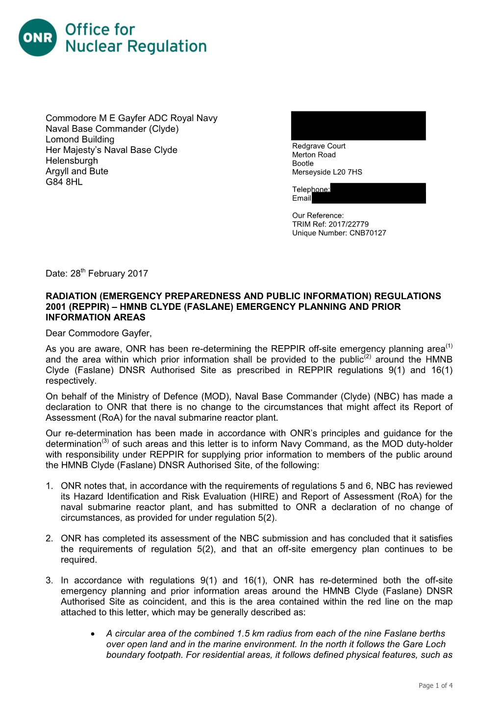 Determination of the Off-Site Emergency Planning and Prior Information Areas for HM Naval Base Clyde (Faslane)