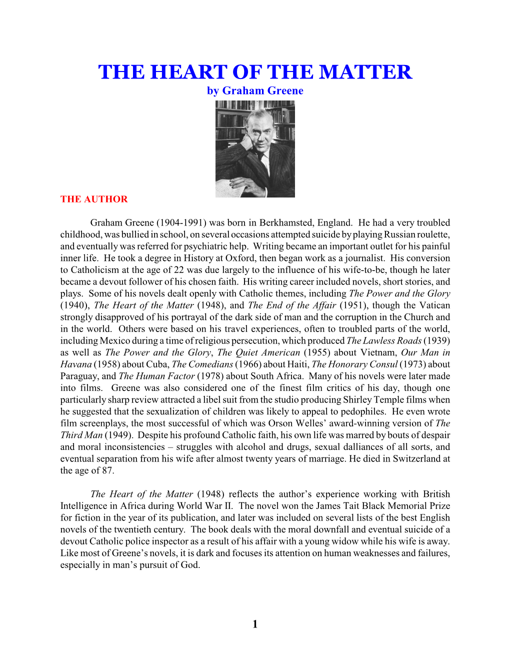 THE HEART of the MATTER by Graham Greene